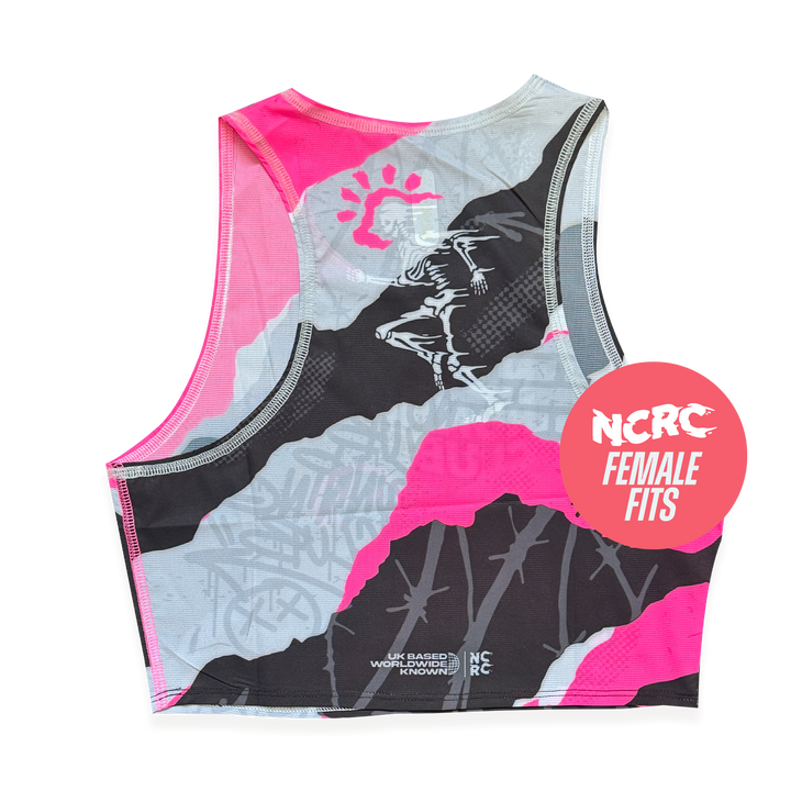 NCRC + : Female Fits -  Crop Race Day Singlet  - Tore Up - Fluro Pink & Magenta