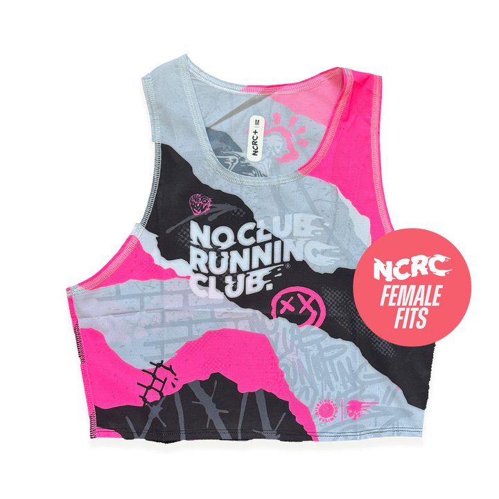 NCRC + : Female Fits -  Crop Race Day Singlet  - Tore Up - Fluro Pink & Magenta