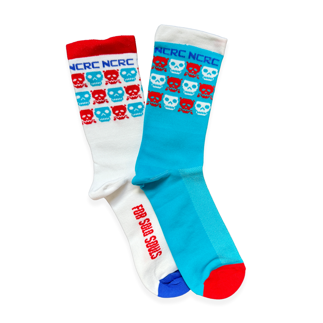 NCRC Running Socks - 2024- NCRC "Odd Socks" - White/Sky Blue/Blood Red